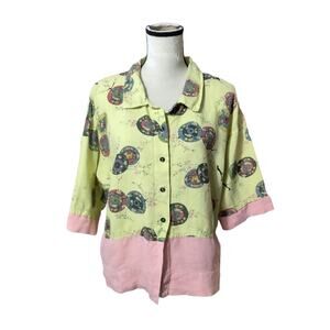 VTG Tom Tom California Sz S Art to Wear Yellow Button Up Shirt Asian Inspired